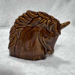 VTG Brown Glossy Ceramic Unicorn Head Home Office Room Decor Whimsycal Magical